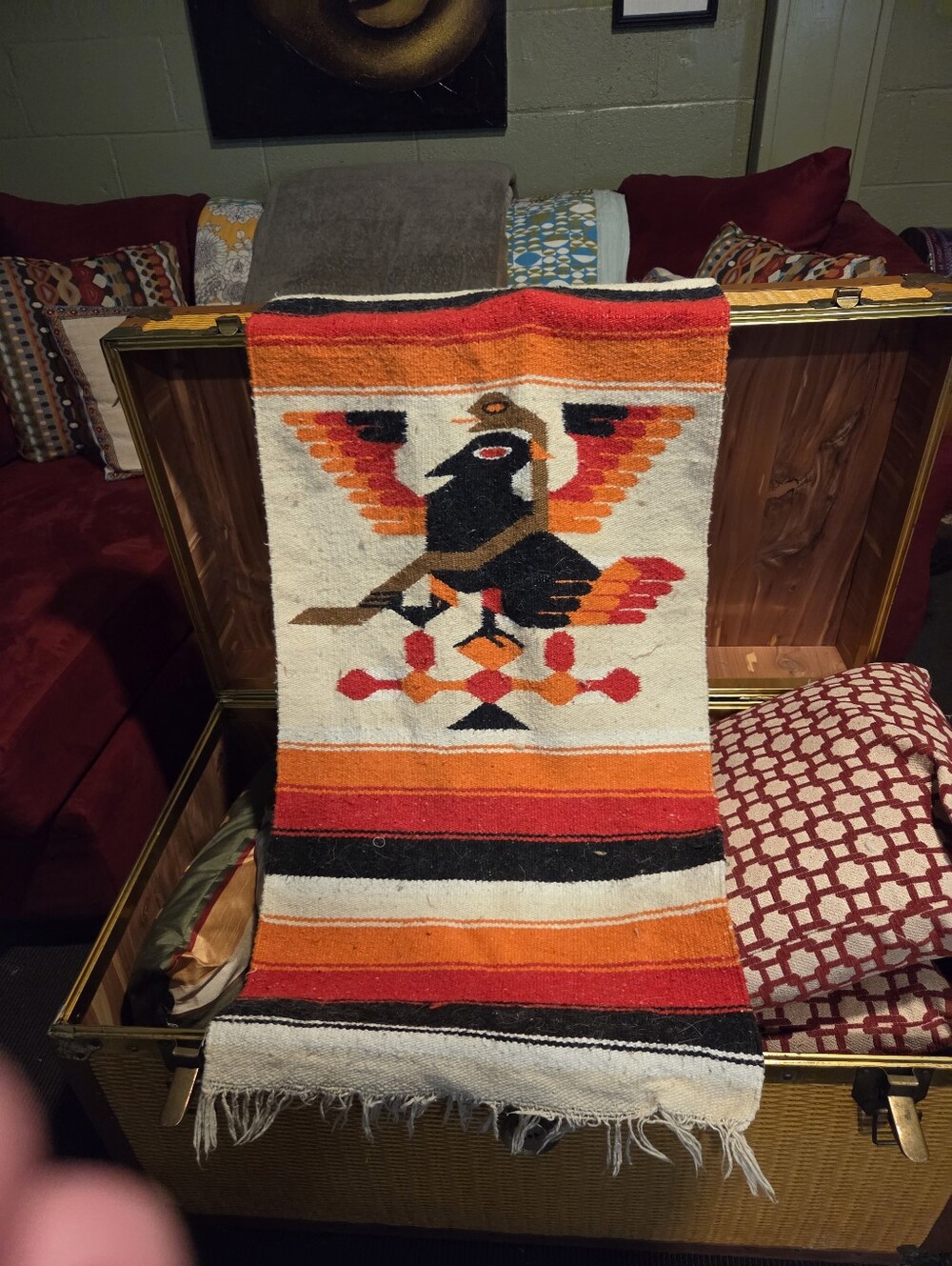 Vintage Mexican Rug, Handwoven, Traditional Eagle & Serpent, 47x19 1/2"